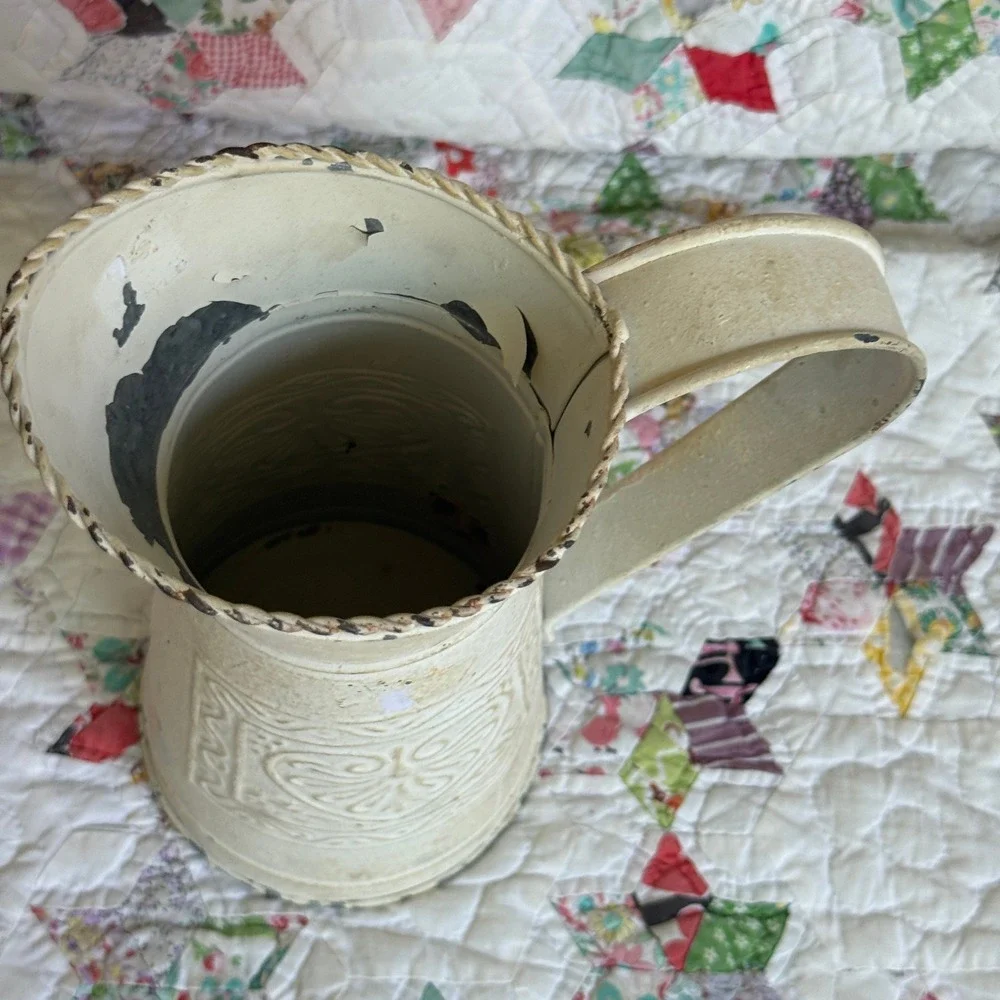 Vintage Style Cream Metal Heart Embossed Pitcher Farmhouse Decorative Vase 9in
